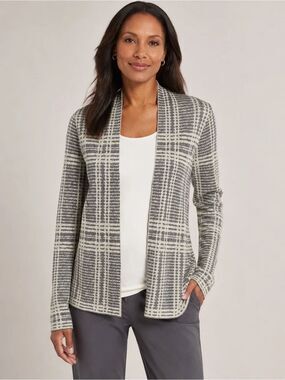 Eileen Fisher Gray Ivory Plaid Open Cardigan Women’s Large Tencel Merino Wool